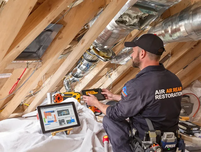 Swansea Air Duct Cleaning technician performing precise duct repair work in Swansea